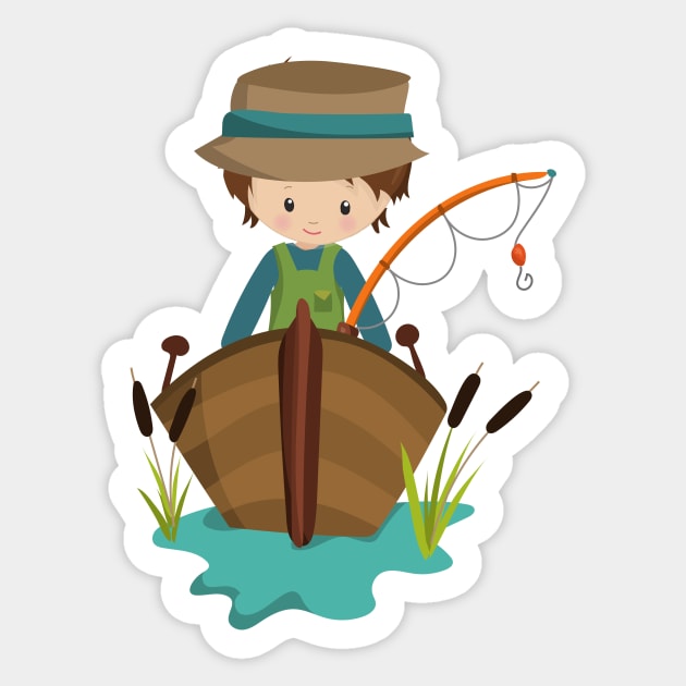 Fishing Boy, Fisherman, Fishing Rod, Brown Hair - Fishing Boy - Sticker
