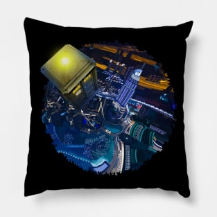 Tardis doctor who flying above modern starry night city Pillow