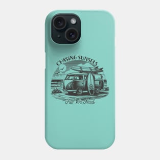 Chasing sunsets; summer; beach; ocean; surf; surfing; surfer; vintage; retro; sun; van; camper; van; surfboard; water; travel; travelling; vacation; holiday; sea; waves; Phone Case