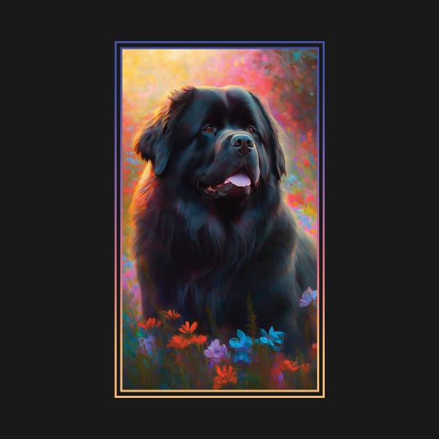 Newfoundland Dog Vibrant Tropical Flower Tall Digital Oil Painting Portrait 2 by ArtHouseFlunky