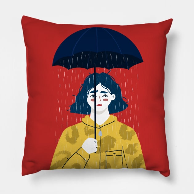 Pessimist Girl Holding an Umbrella Pillow by London Colin