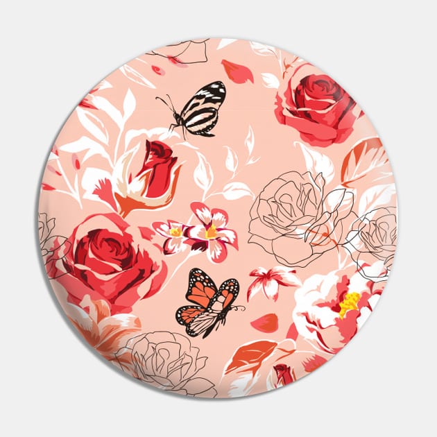 Beautiful Rose Flowers and Butterfly Pattern Artwork Pin by Artistic muss