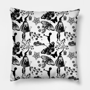 Sketch Butterflies and Flowers Black and White Pattern Pillow