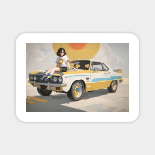 Vintage girl and retro yellow car Magnet
