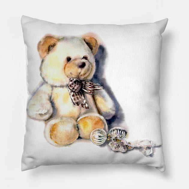 Teddy bear with new year glass tree decor Pillow by victoriazavyalova_art