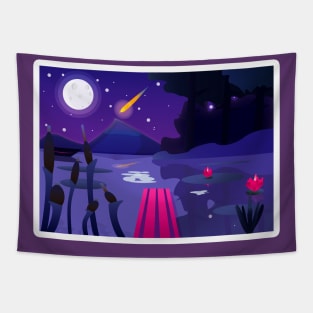 Night Lake Aesthetic Moon Comet Lotus Tapestry