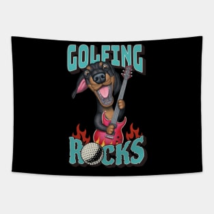 Golfing the greatest sport  Rocks with dachshund doxie dog and guitar tee Tapestry