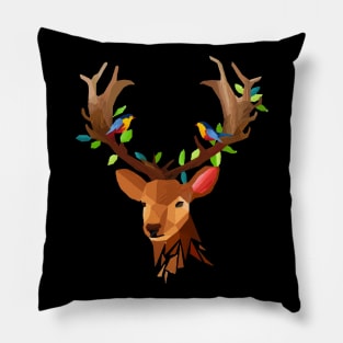 Deer T-Shirt - Deer Face Polygon With Birds Design Pillow