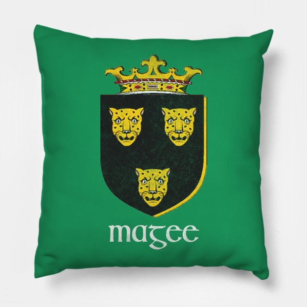 Magee Surname / Faded Style Family Crest Coat Of Arms Design Pillow by feck!