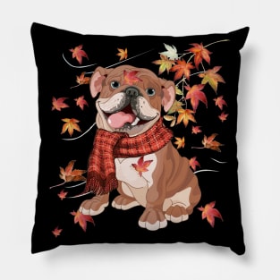 Maple Dog Leaf Fall Hello Autumn Funny Bulldog Lover Pillow