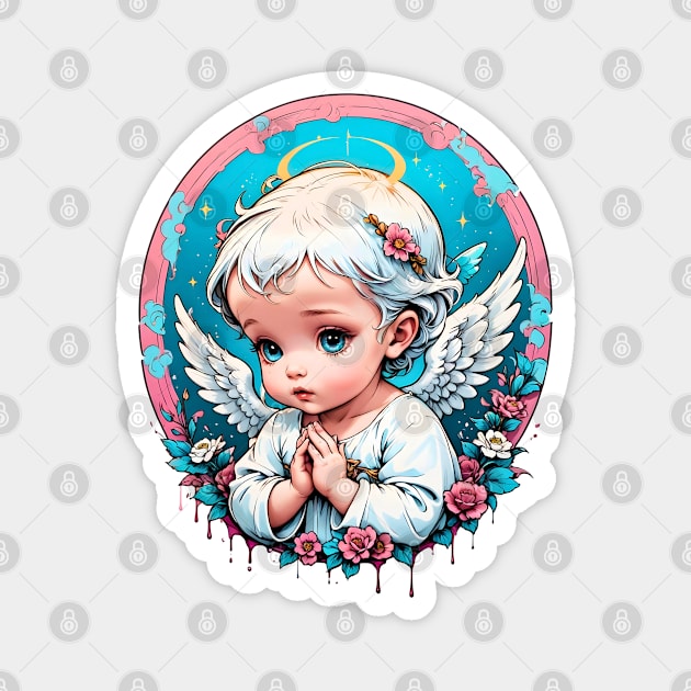 Praying Baby Boy Angel Cherub comic retro vintage Magnet by Neon City Bazaar