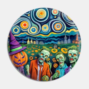 Halloween Zombies Starry Night Van Gogh Style - Spooky A.I. Art Pin