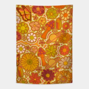 Warm 70s Flower Pattern - mushrooms, planets, flowers Tapestry