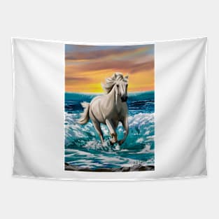 White Stallion Galloping By Sea Tapestry