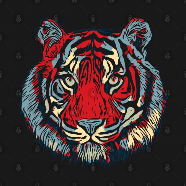 Tiger Head In Red And Blue by brodyquixote