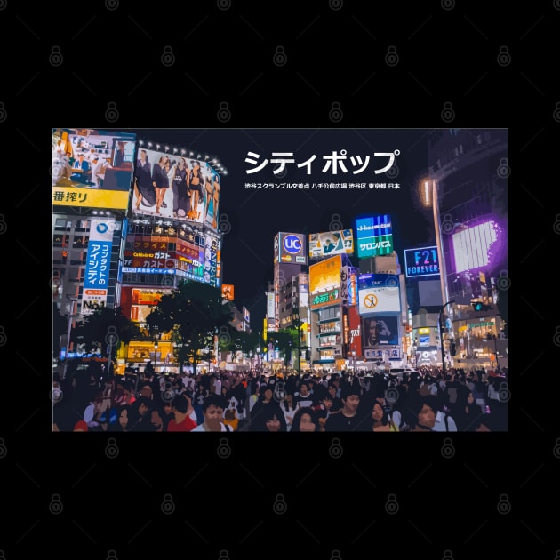 Japanese city pop art - Shibuya Crossing Hachikō-mae Square Shibuya ward Tokyo Metropolis Japan in Japanese language by FOGSJ