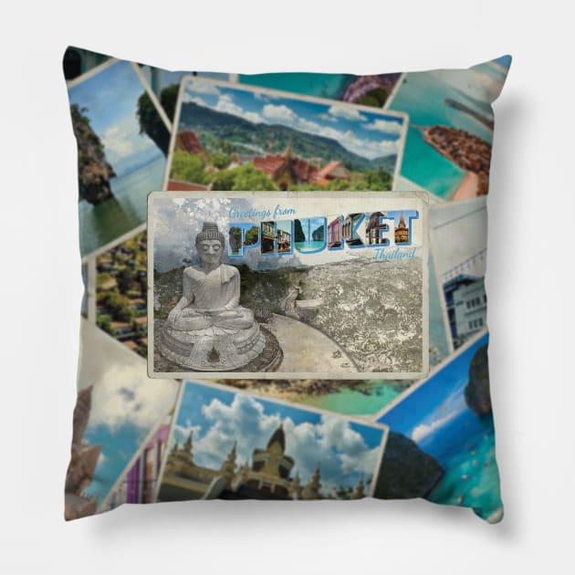 Greetings from Phuket in Thailand Vintage style retro souvenir Pillow by DesignerPropo