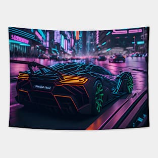 Dark Neon City Sports Car Tapestry