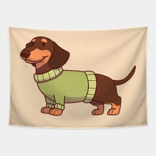 Black & tan dachshund wearing a green sweater Tapestry