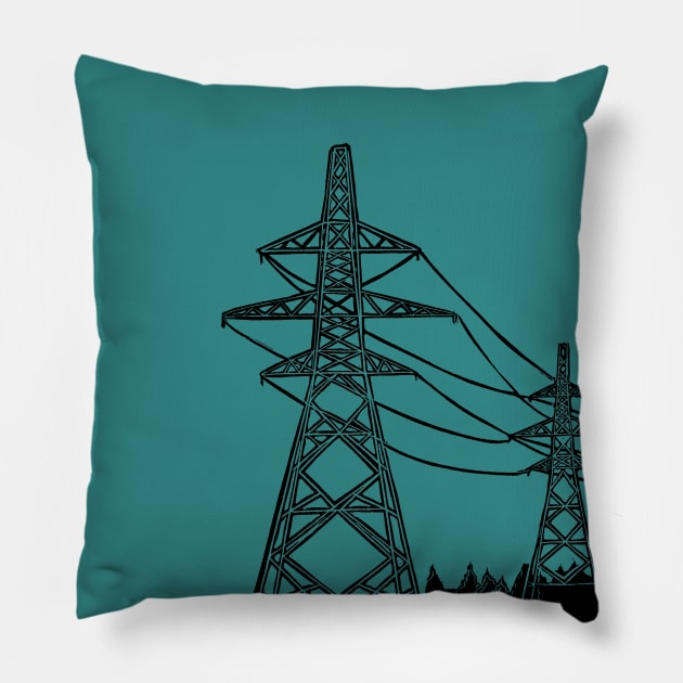 Pylons Linocut Silhouette on teal Pillow by Maddybennettart