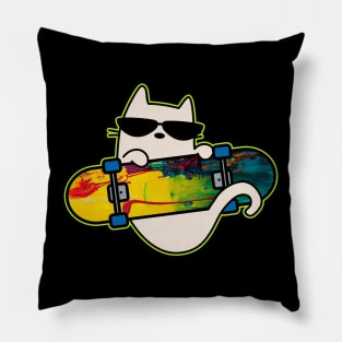 Cat and Skateboard Skateboarding Cat Deck Art Pillow