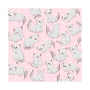 White Kitty Cat Patten and Paw Prints on Pink T-Shirt