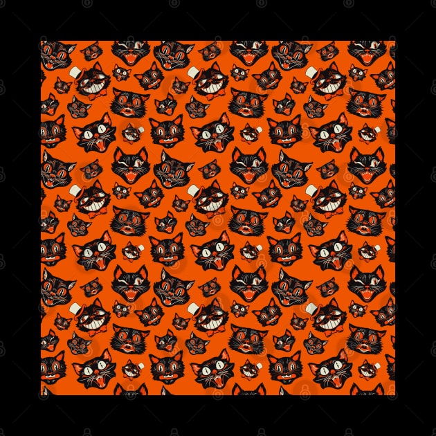 Retro Vintage Halloween Black Cat Faces Pattern - Orange Background by CTKR Studio