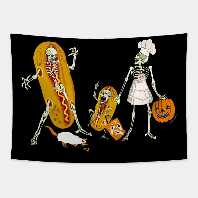 Booooo-Yaaaaah! Halloween Skeleton Family Goes Trick or Treating! Tapestry by BullShirtCo