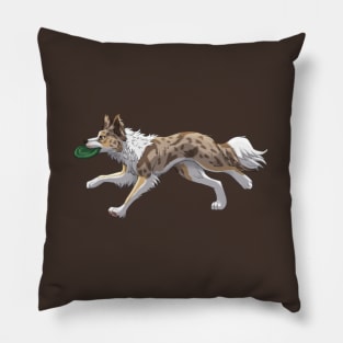 Running Tricolor Brown Lilac Merle Border Collie with Frisbee Pillow