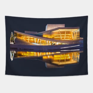 Oslo Opera House at Night Water Reflection Souvenir Tapestry