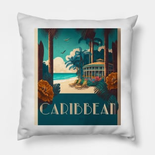 Caribbean Beach Resort Vintage Travel Art Poster Pillow