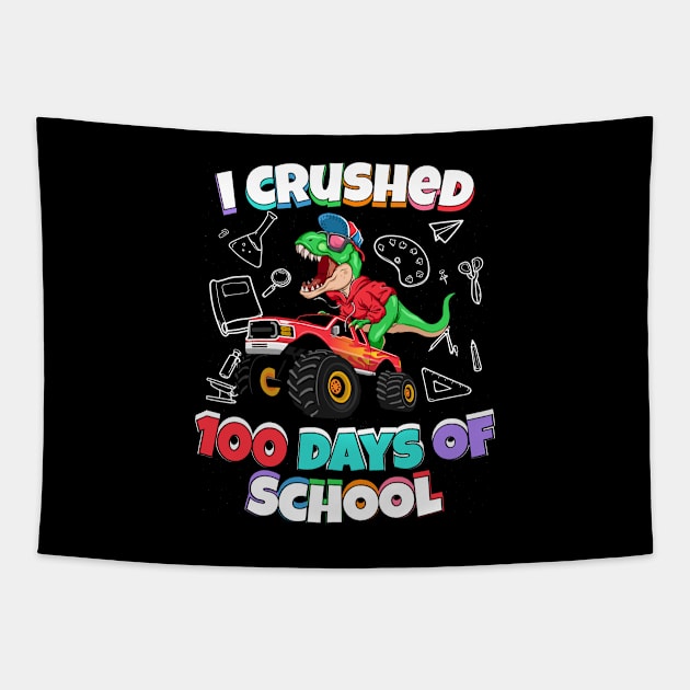 I Crushed 100 Days of School Dinosaur Boys Monster Truck Tapestry by Genie Designs