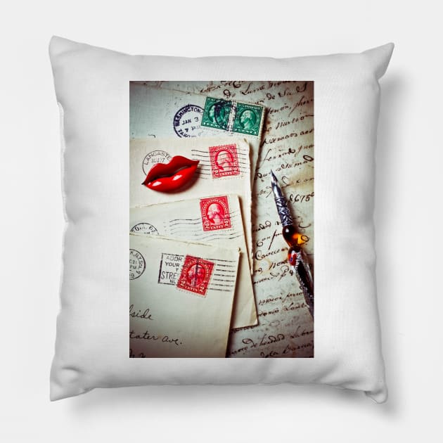 Red lips pin and old letters Pillow by photogarry