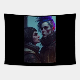 Futuristic Cyberpunk Lesbian Lovers Embrace in Emotional Portrait Tapestry