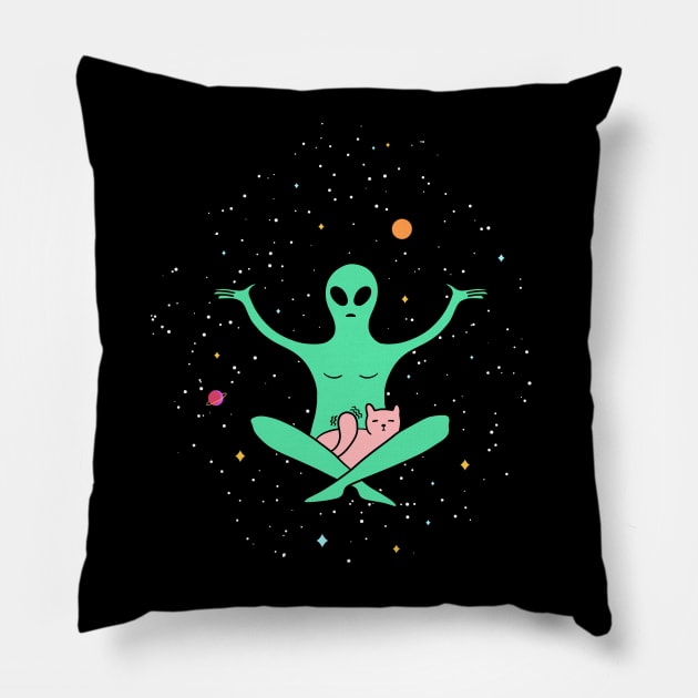 Funny Alien with a Cat Floating in Outer Space Pillow by Trippycollage