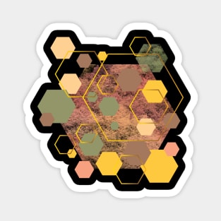 Green, olive, yellow, dusty pink, pink, brown and gold geometric hexagons Magnet