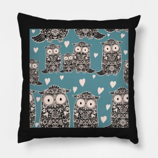 Folk Art Owls, Owlets and Hearts  Pattern on Teal Pillow