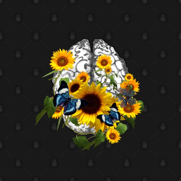 Brain sunflowers and blue butterflies, Mental Health by Collagedream