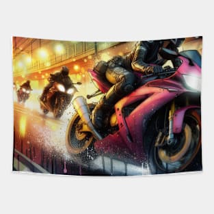 Artistic illustration of motorcycle racing Tapestry