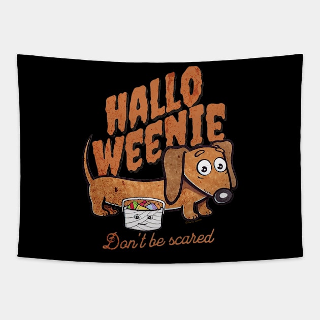 Funny Doxie Dog trick or treating on a scary night on Hallo Weenie Halloween Dachshund Tapestry by Danny Gordon Art