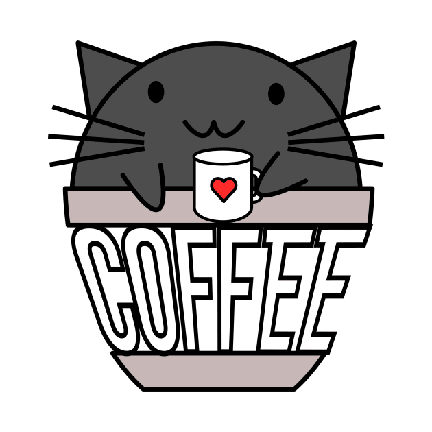 Happy cat in coffee cup holding a cup with warped text black by coffeewithkitty