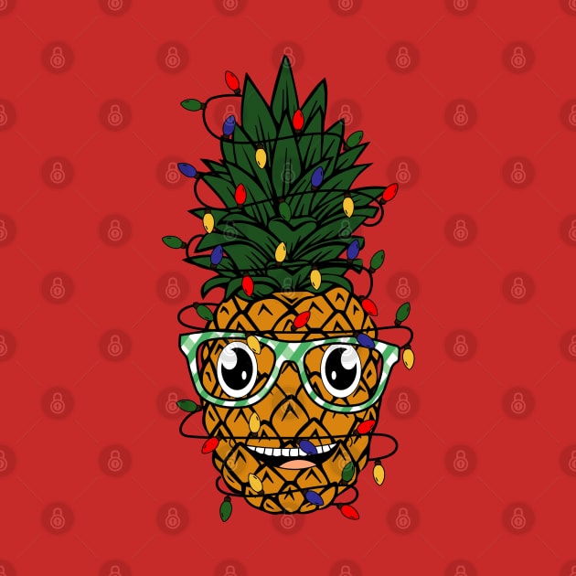 Funny pineapple wearing glasses wrapped in Christmas lights Xmas gift by BadDesignCo