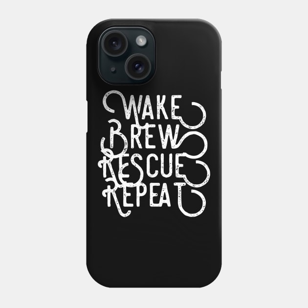 Wake Brew Rescue Repeat black distressed text design for coffee and animal rescue lovers Phone Case by BlueLightDesign