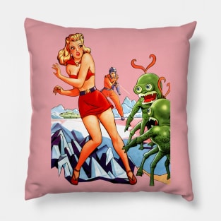 Retro Girl Pin Up Vintage Aliens Space Green Extraterrestrial Planet Rocket Spaceship Startling Comics Old Cartoon Blonde Woman Pillow