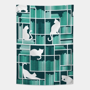 Rainbow bookshelf // monochromatic mint white shelf and library cats Tapestry