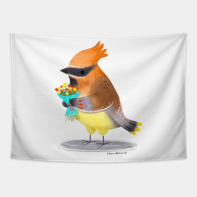 Cedar Waxwing Bird with flowers Tapestry by julianamotzko