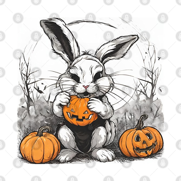 spooky Halloween rabbit eating pumpkin by in leggings
