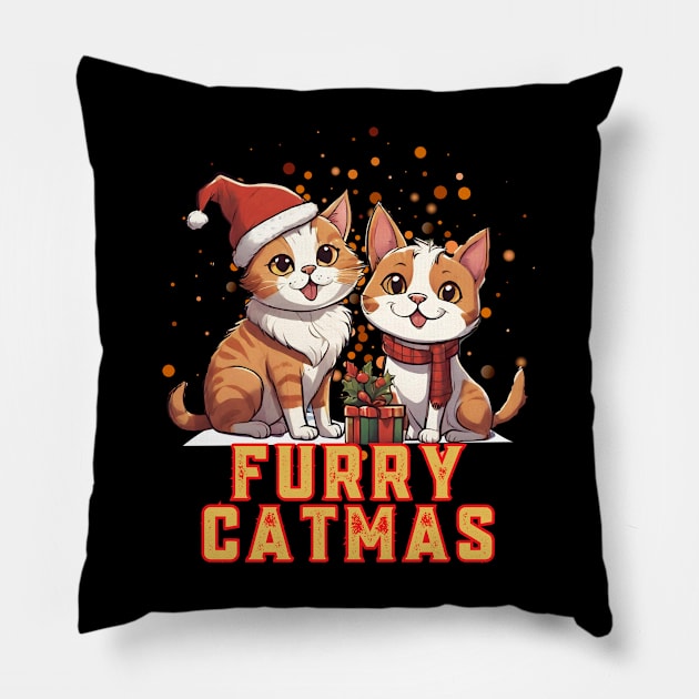 Cute cat and dog with text: Furry Catmas. Pillow by Gone Retrograde