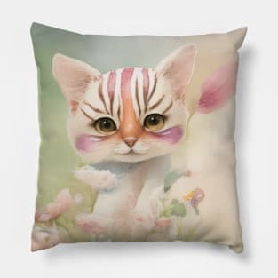 Cute Cat in the Flower Garden Soft Pastel Colors Pillow