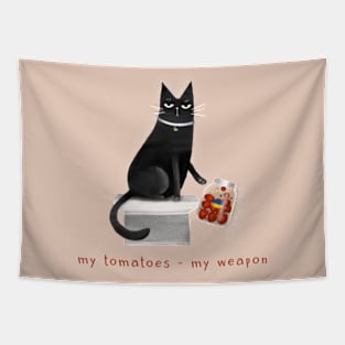 Cartoon black cat throwing off a jar of tomatoes with the inscription "My tomatoes - my weapon." Tapestry